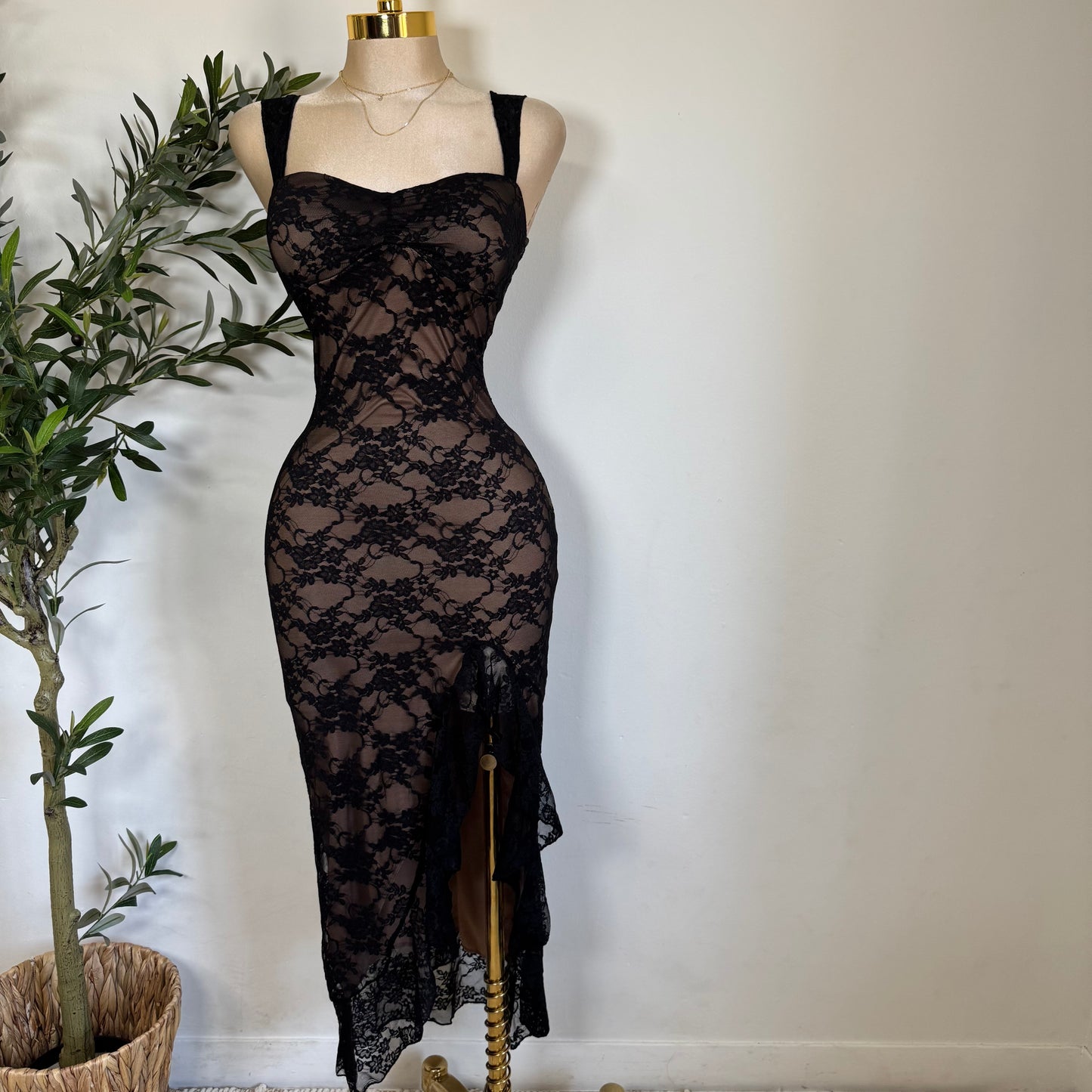 Lace Open Slit Dress-Black