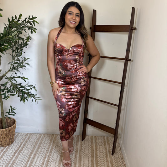 Peekaboo halter Neck Midi Dress-Brown