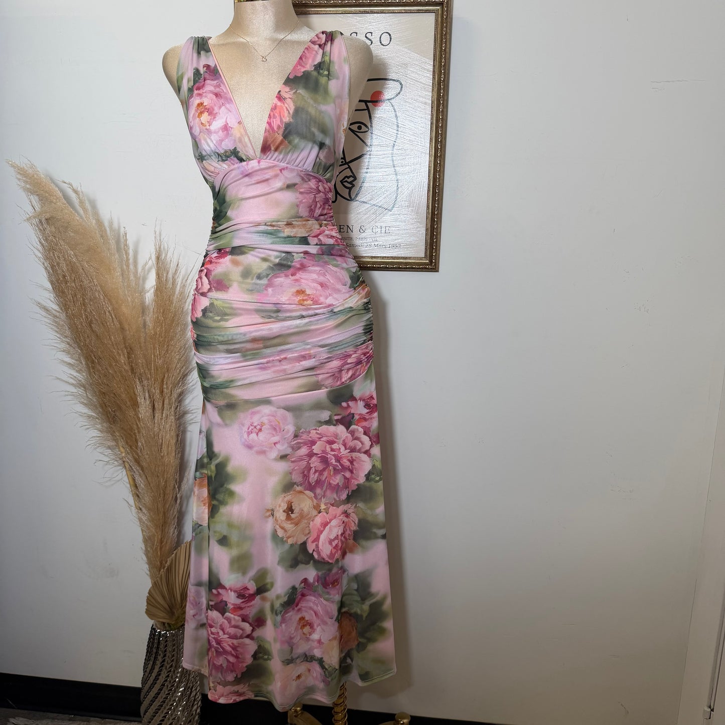 Flower Print Mesh Maxi Dress-Mauve Combo