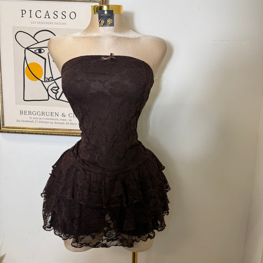 Tube Lace Tiered Romper Cont-Brown