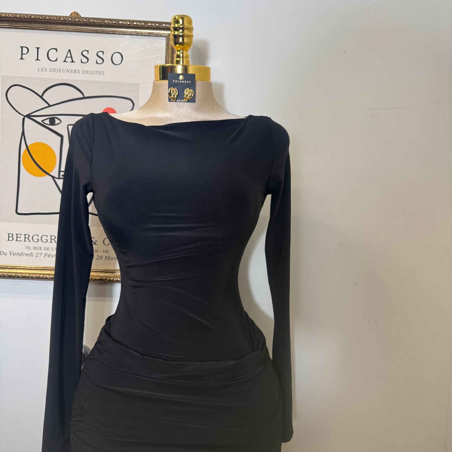 Long Sleeve Ruched Mini Dress-Black