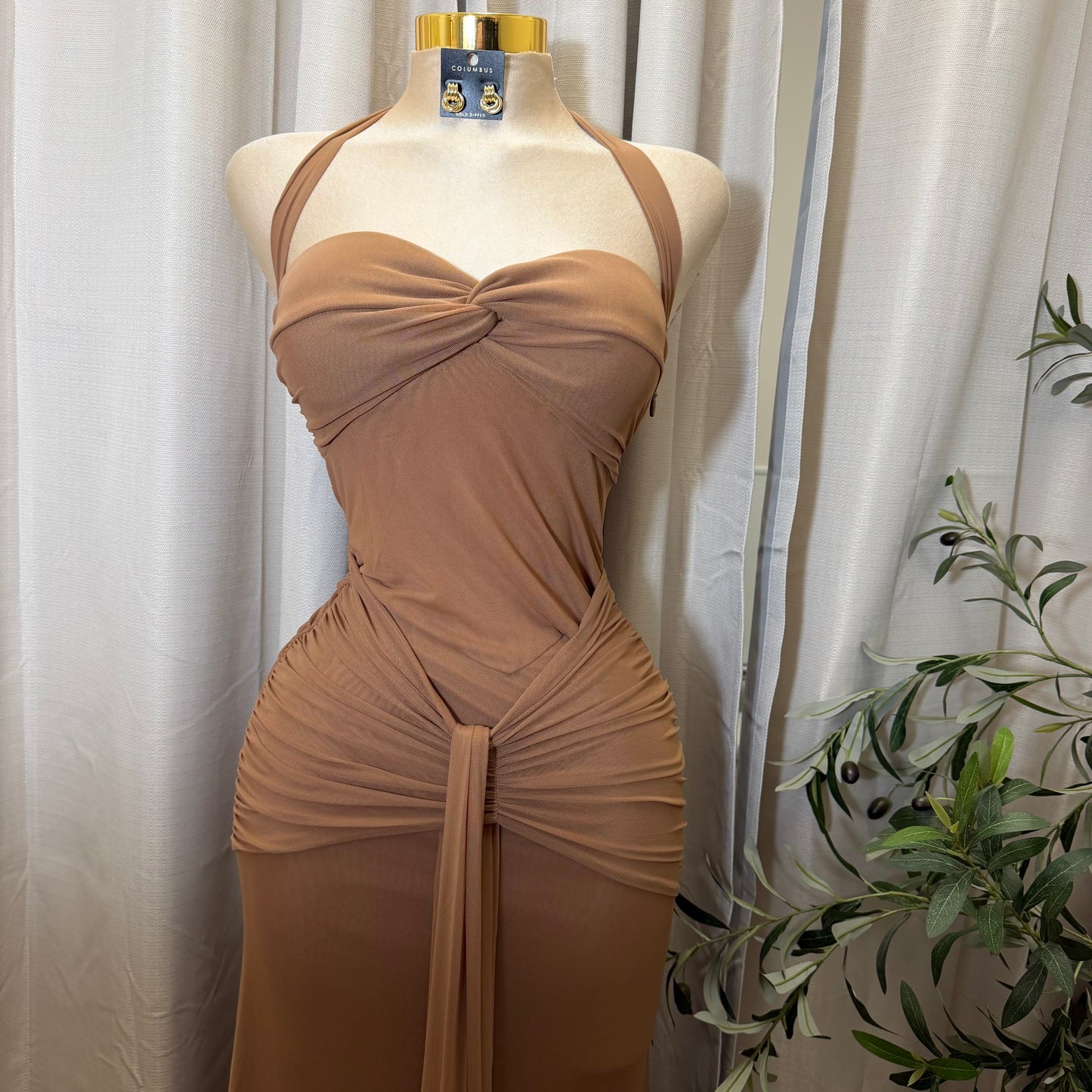 HALTER TWIST FRONT DRAPED MAXI DRESS-Brown