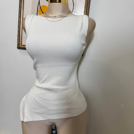 Asymmetrical hem Sleeveless Knit Top-Cream