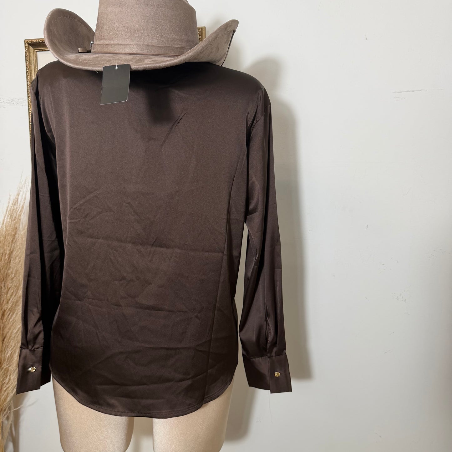 Long sleeve Satin button-Up top-brown