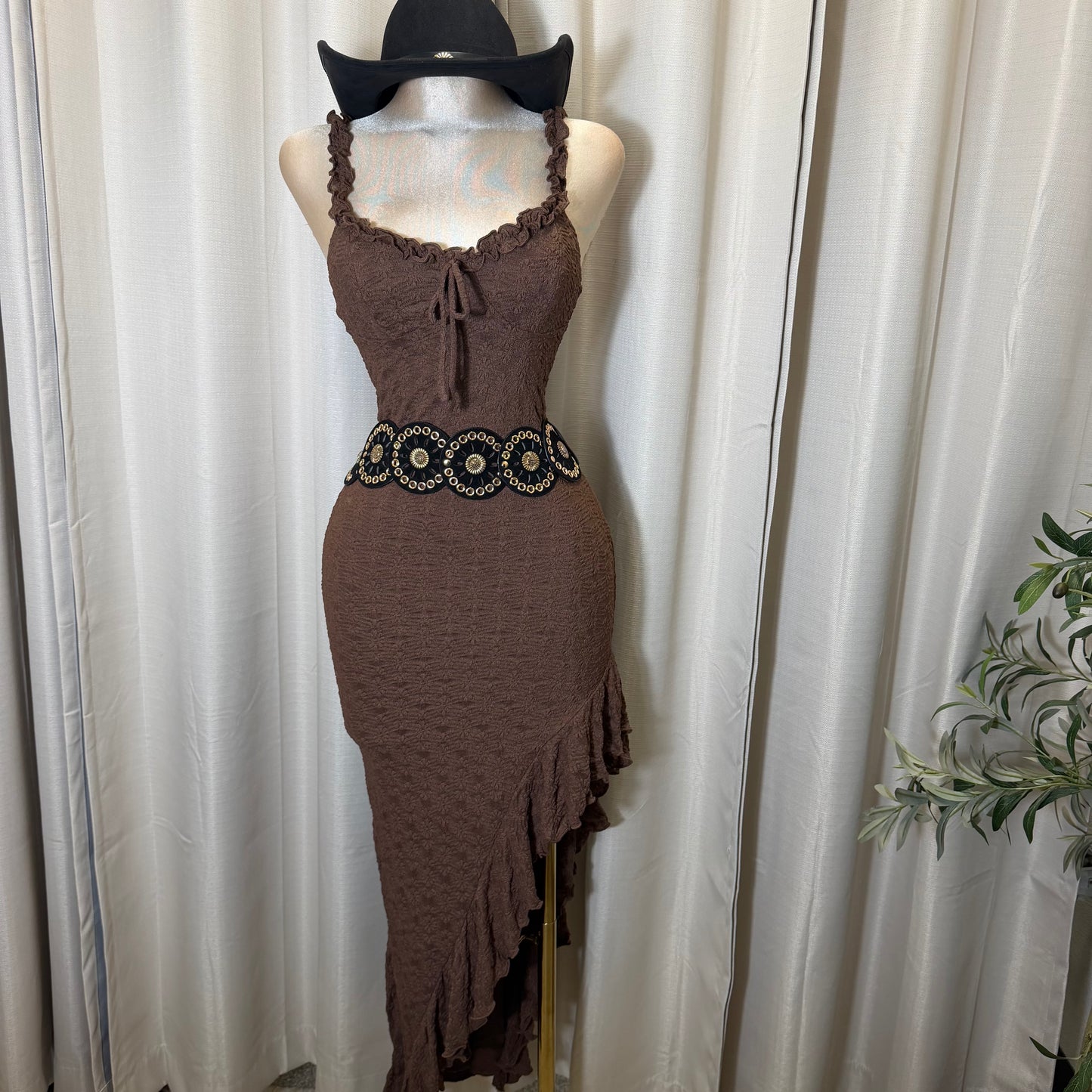 Daisy Asymmetric Skirt Midi Dress-Brown