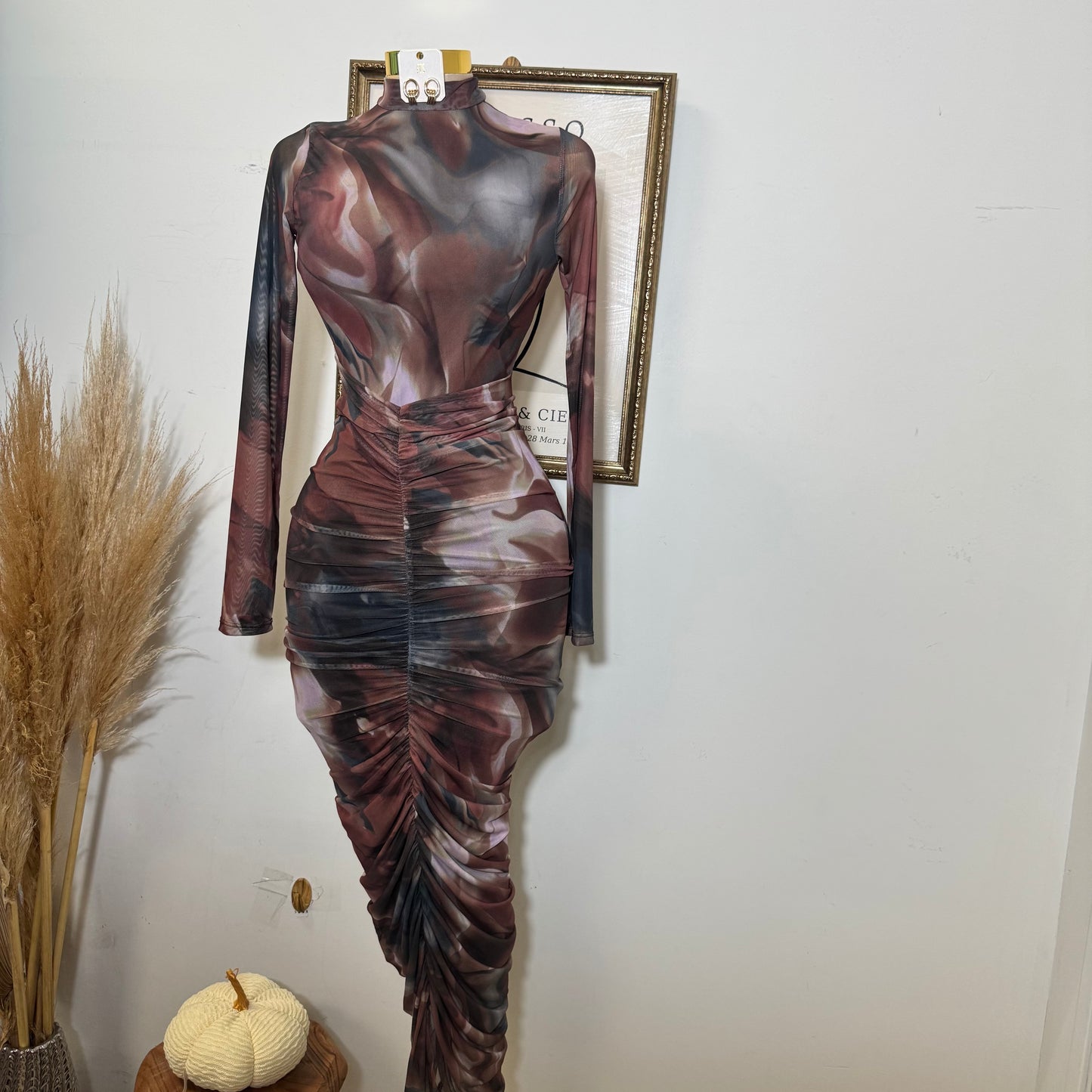 Multi Colored Mock Neck Long Sleeve Maxi Dress-Brown