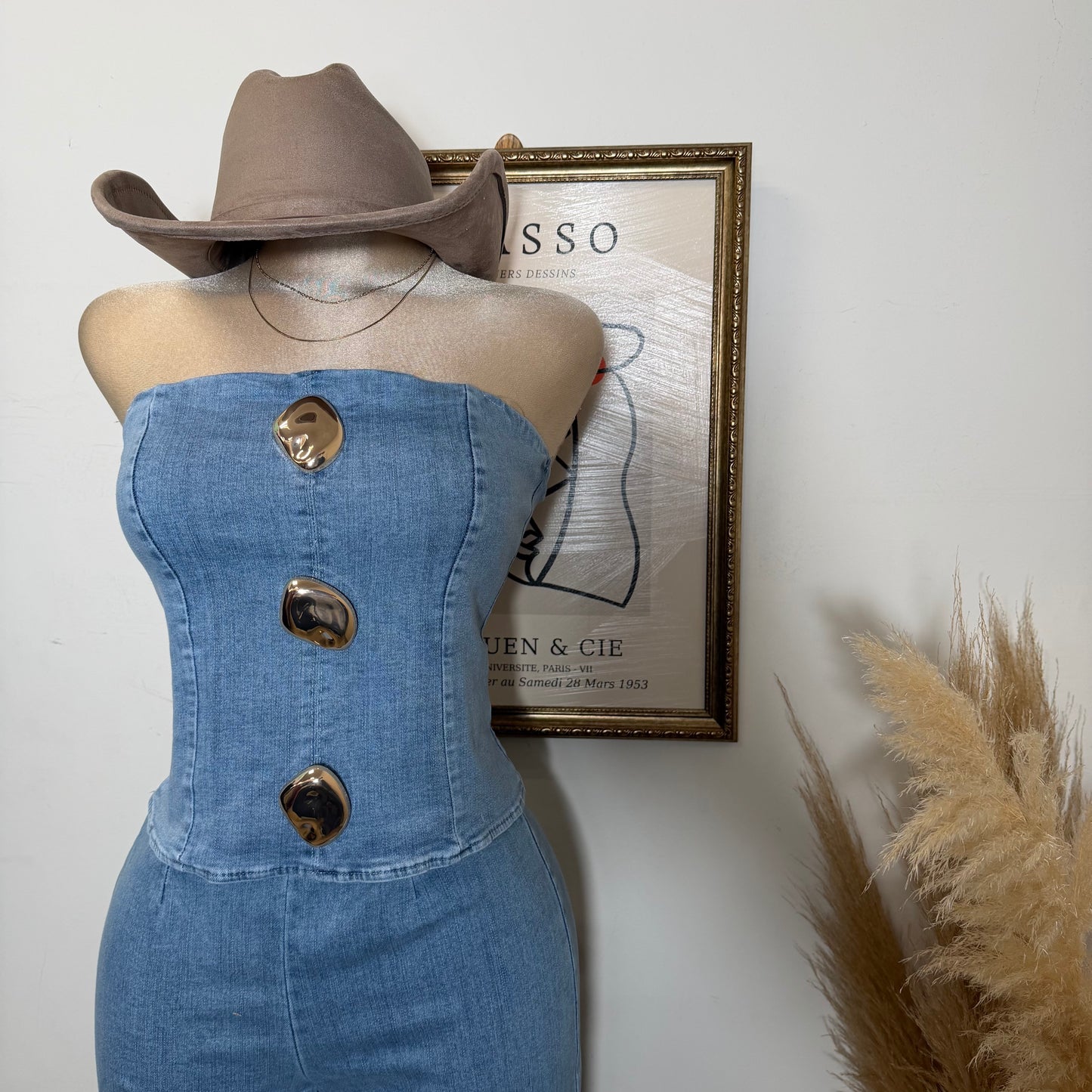 Strapless Denim Pant Set-Light Blue