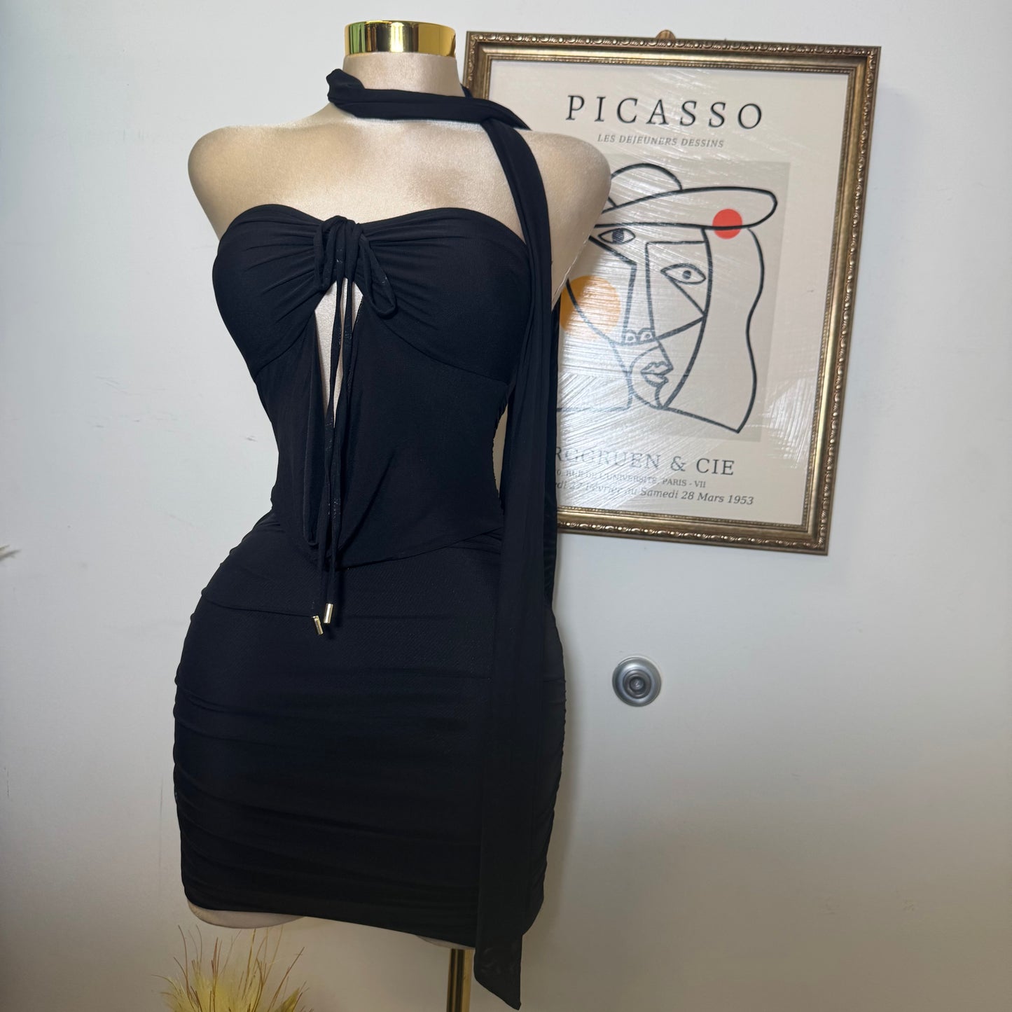 Mini Dress With Neck Scarf Detail-Black