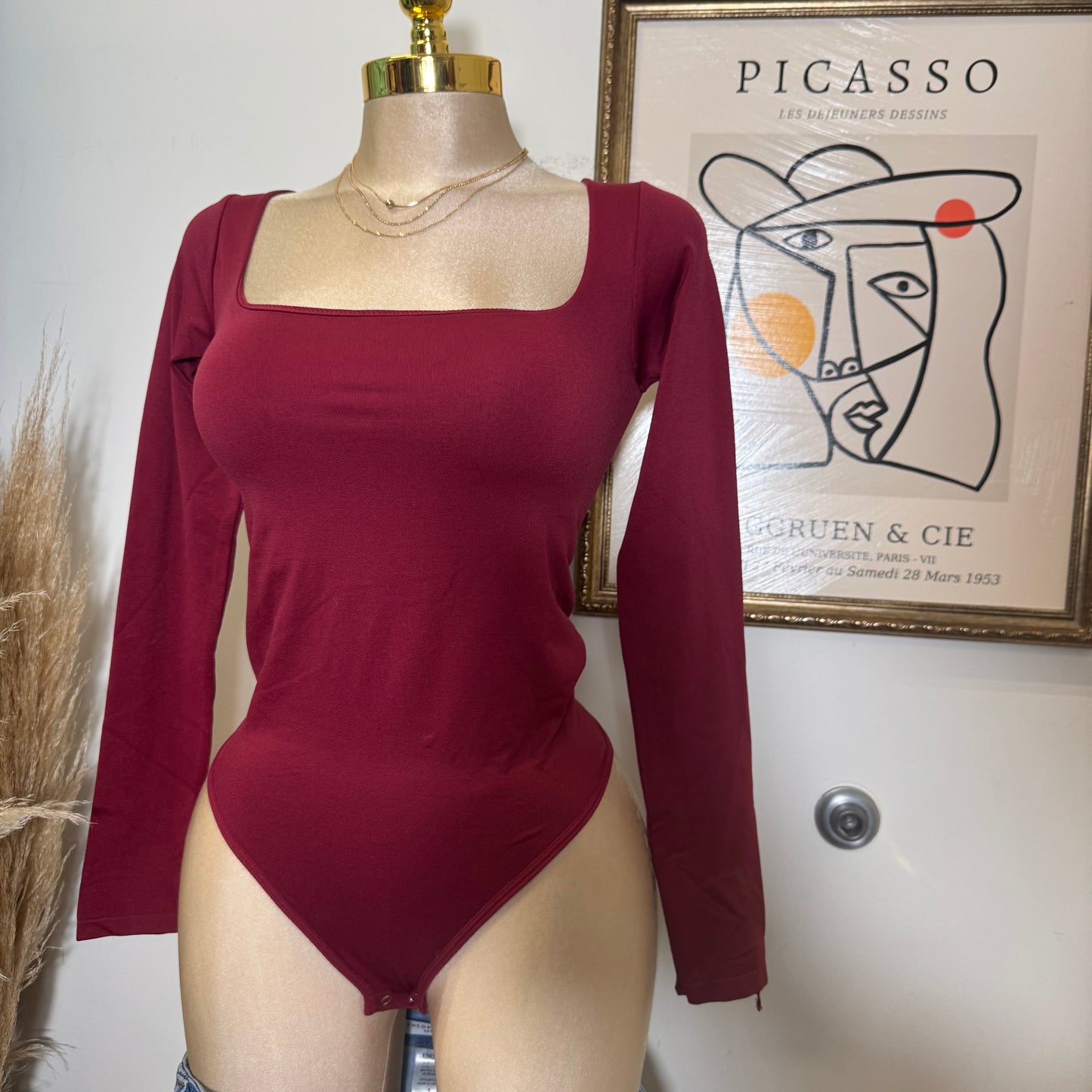 Square Neck Long Sleeveless Bodysuit-Burgundy