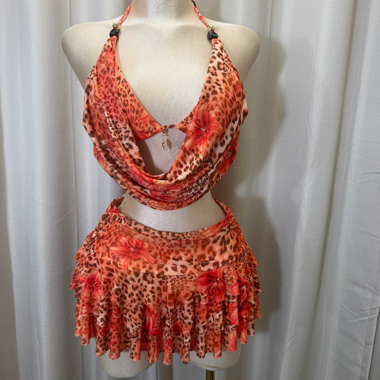 Floral halter open-Back Shirt set-Orange