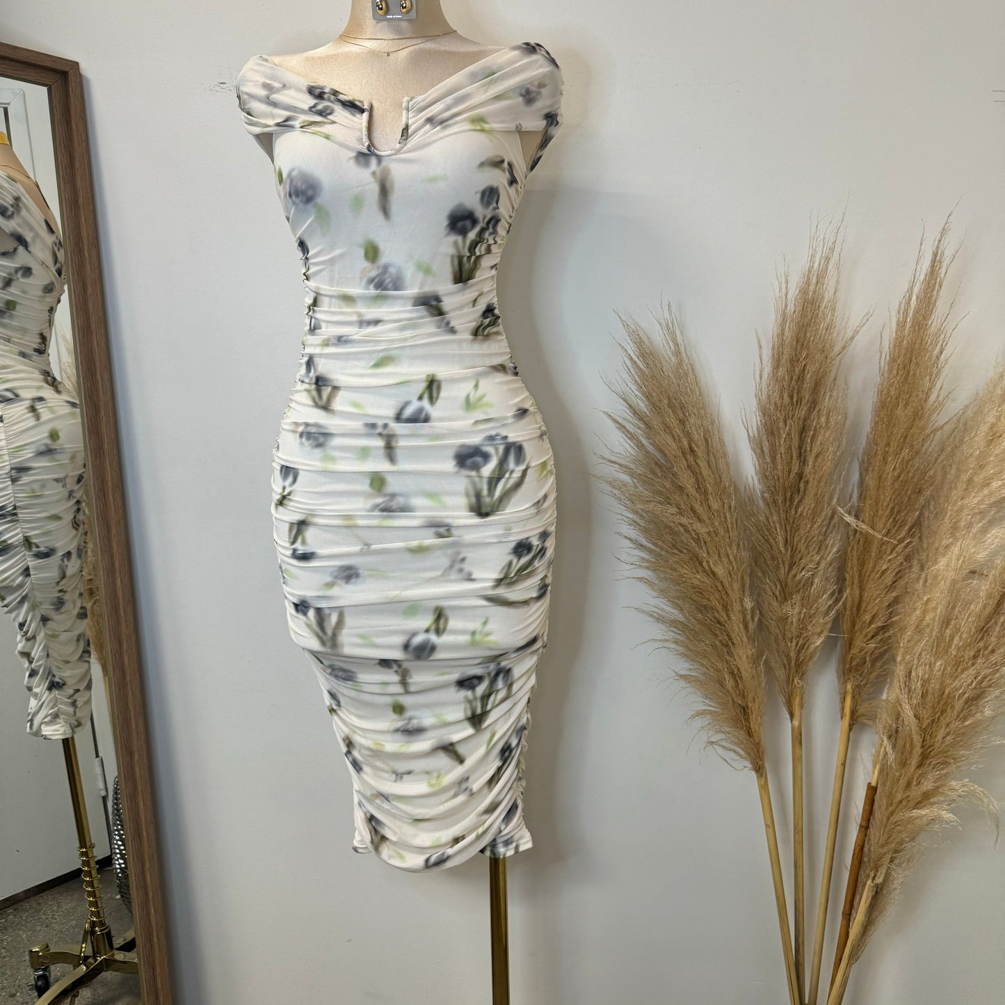 Spring Off shoulder Dress-Cream Multi