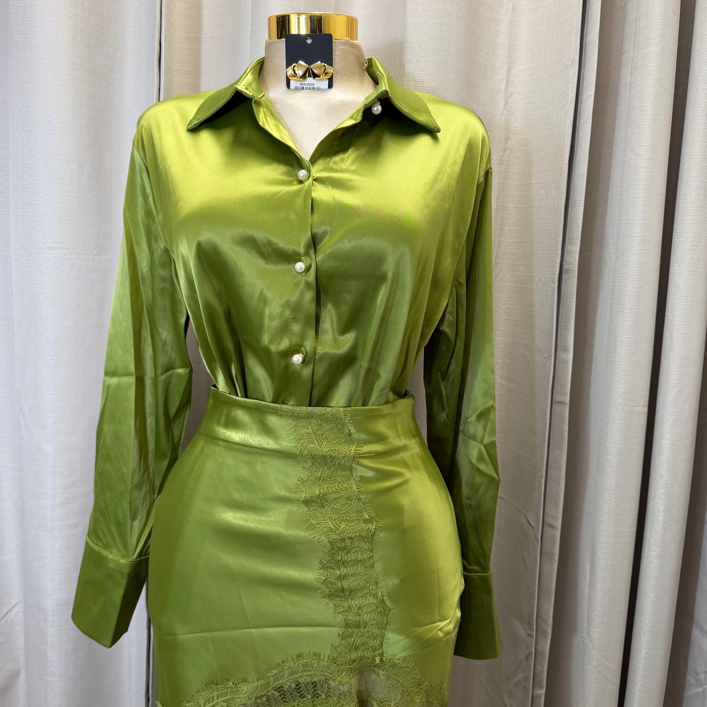 Satin Long Sleeve Top with Lace Skirt-Sage Green/Olive