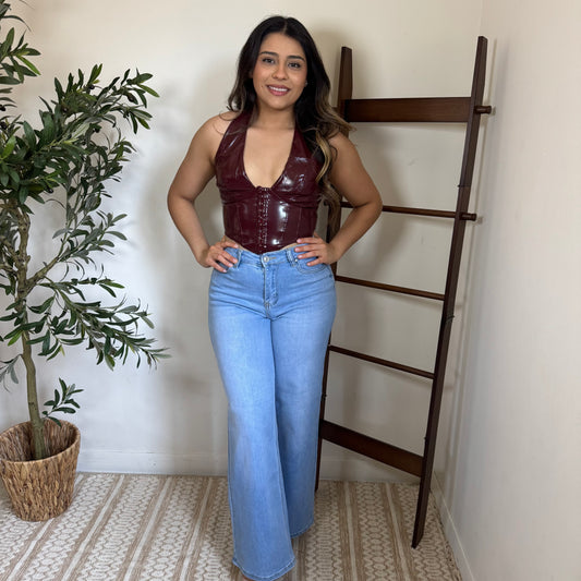 Shiny Stretch Pleather Halter Top-Burgundy