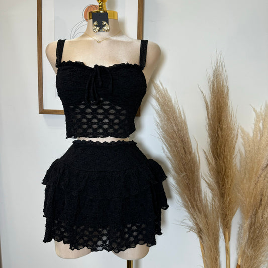 Bonita Lace Flare Skirt Set-Black