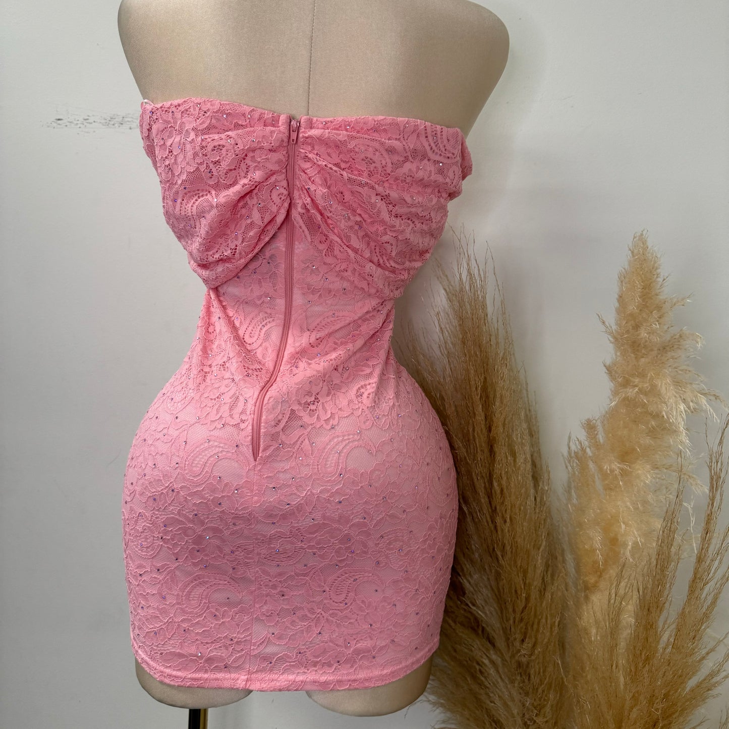 Bow Lace Rhinestone Dress-Pink