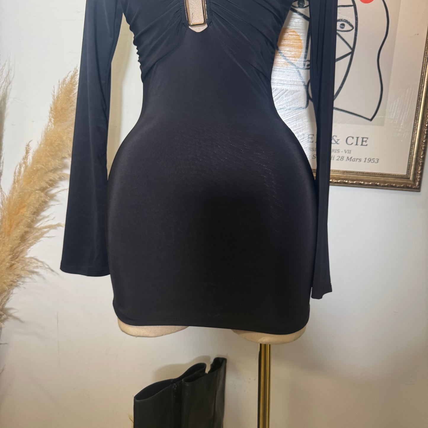 Long Sleeve Plunging Mini Dress-Black