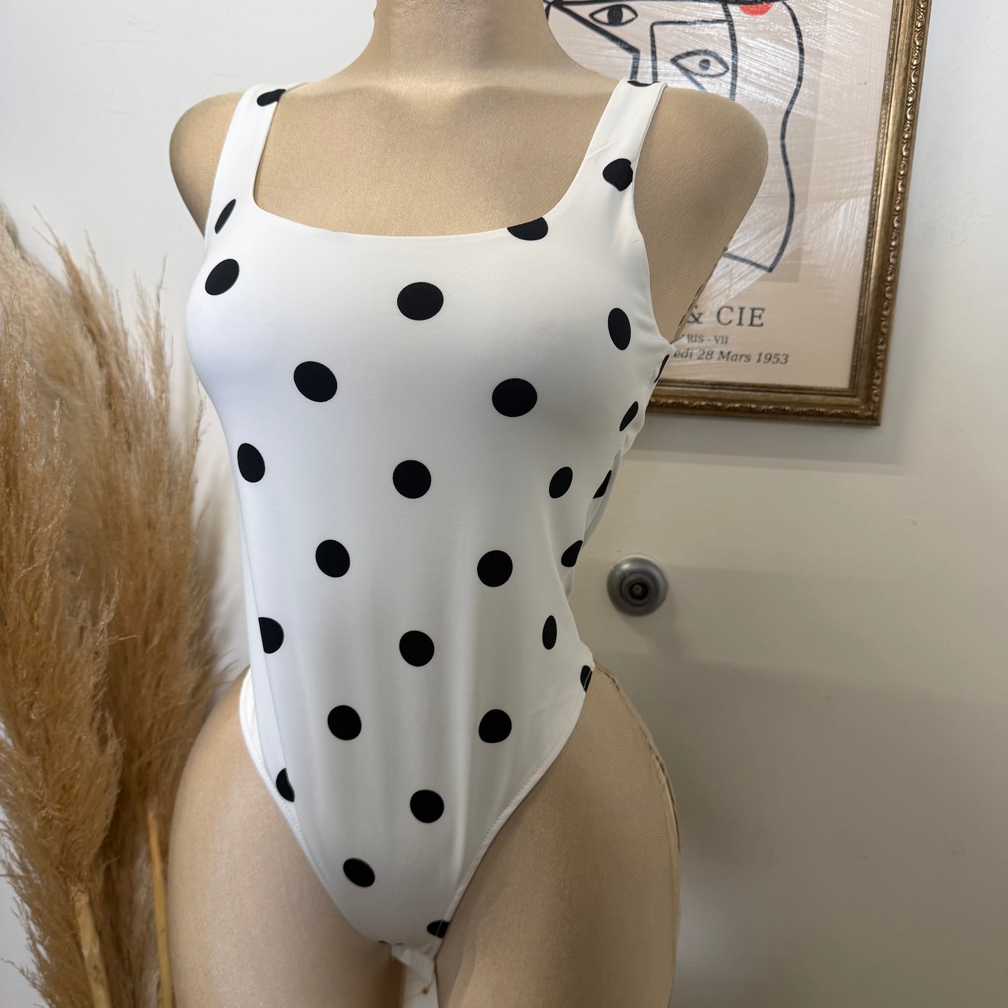 Square neck Polka Dot Bodysuit-White
