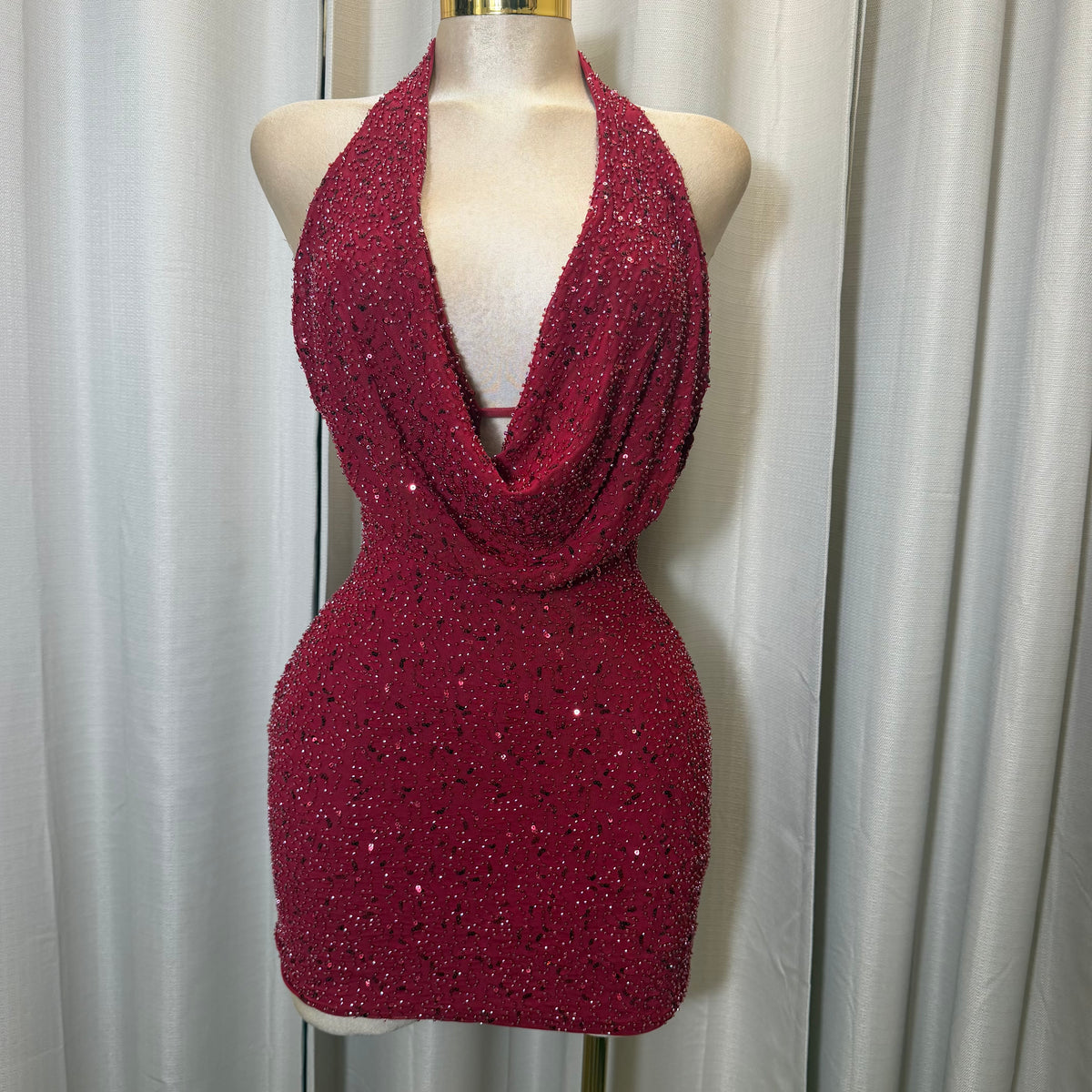 Halter sequins Beads Mini Dress-Burgundy/Red