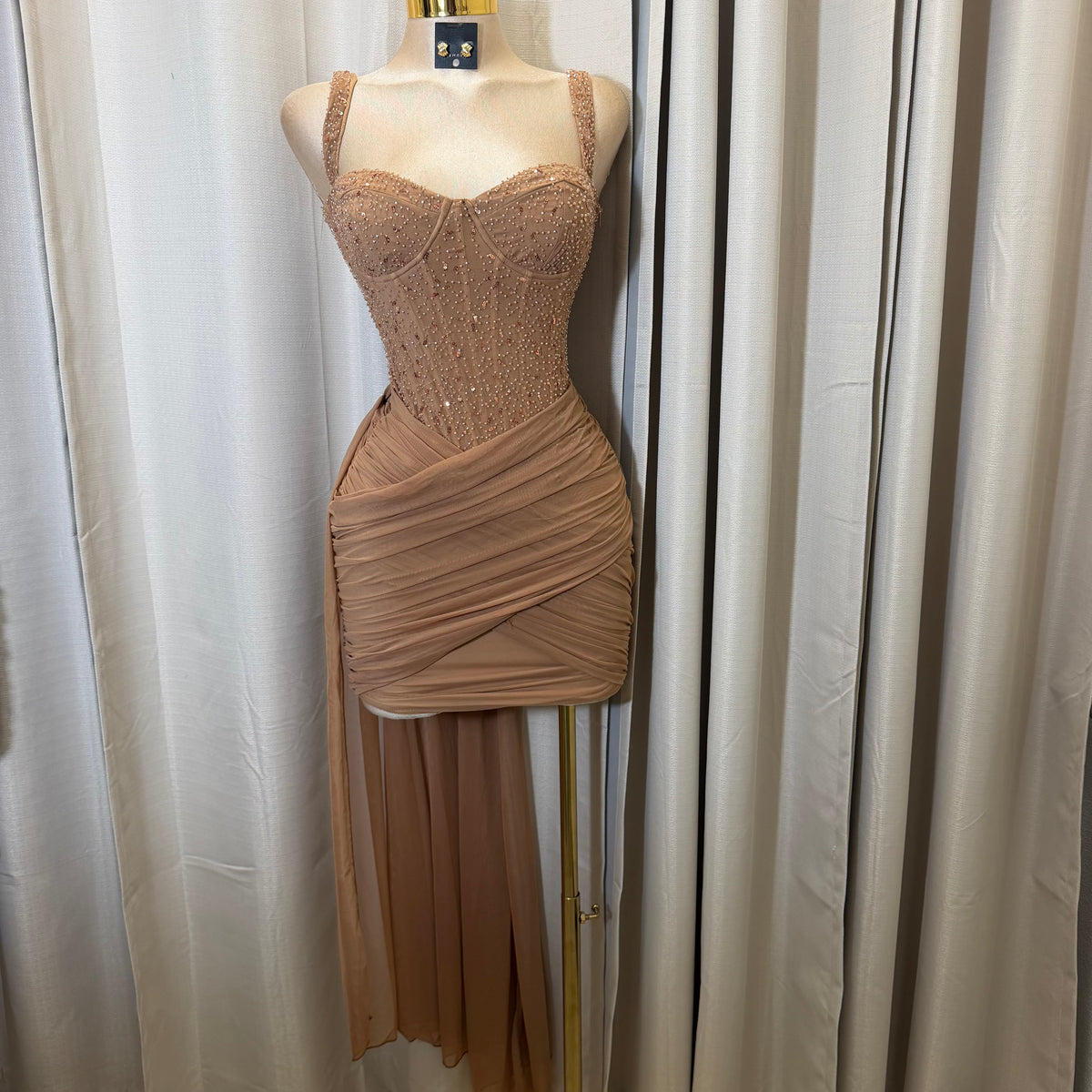 Mesh with beads Sequin Sweetheart neckline Corset dress-Mocha/Beige