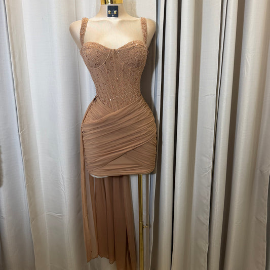 Mesh with beads Sequin Sweetheart neckline Corset dress-Mocha/Beige