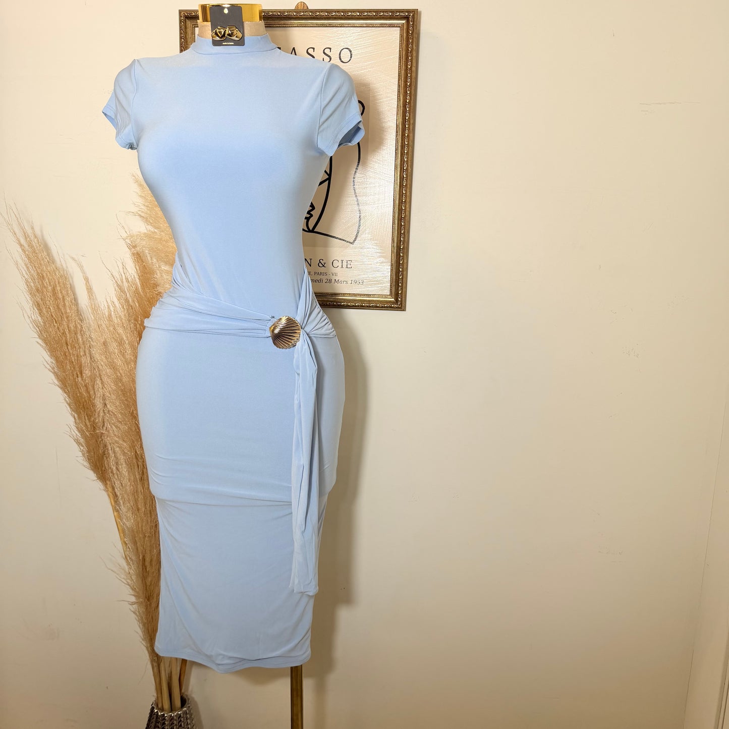 Shelf Gold Trim with Sash Detail Midi Dress-Blue