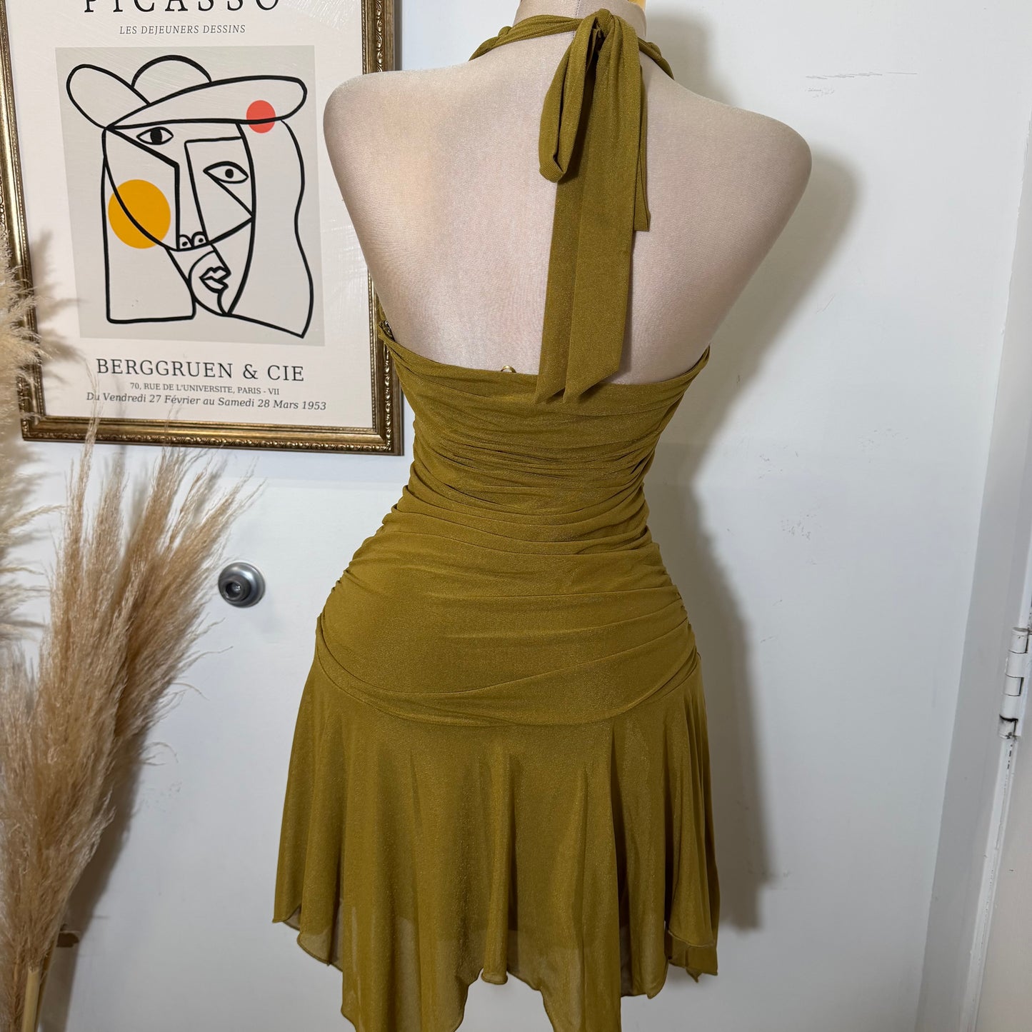 Halter Neck Ruched Waist Asymmetrical Hem Mini Dress-Marigold
