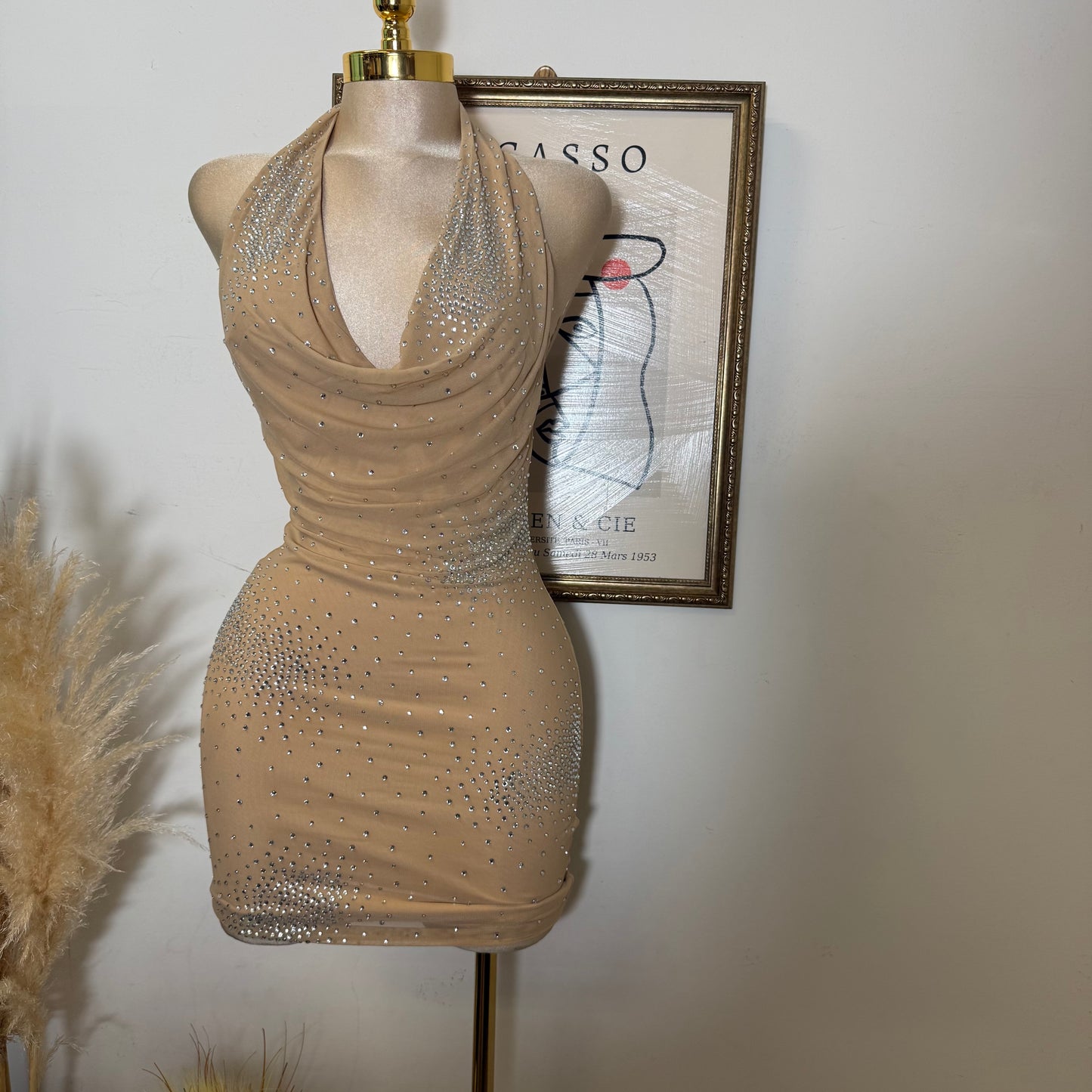 Rhinestone Power Mesh Cowl Neckline Mini Dress Halter Neck Open Back-Nude