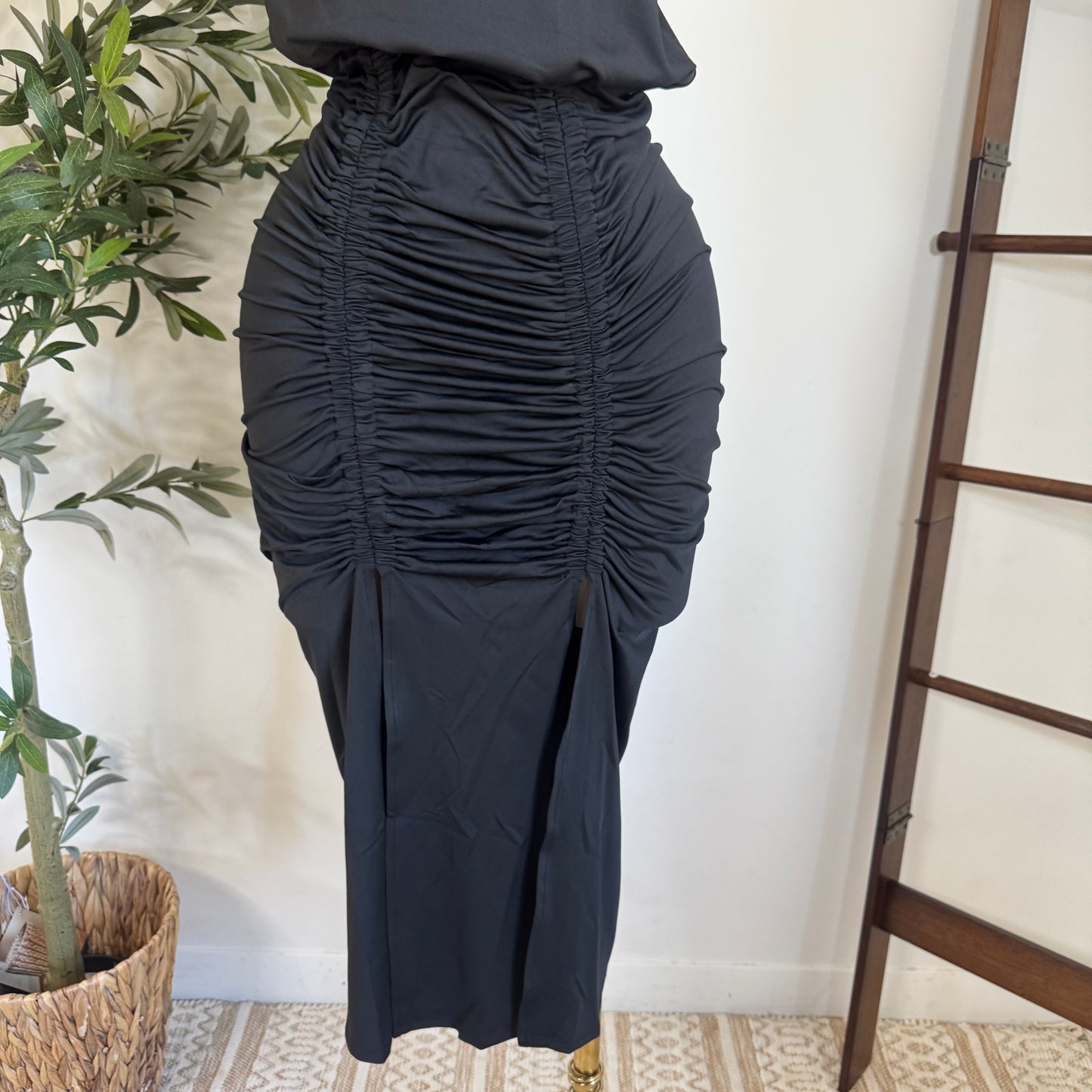 Ruched Elegance Draped Midi Dress-Black