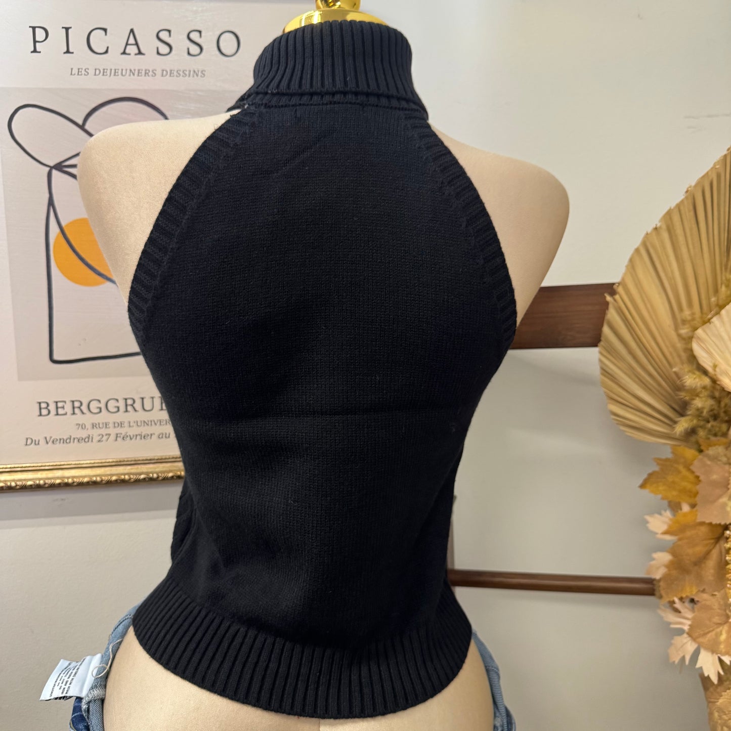 Sleeveless Turtle Neck Front Cable Sweater-Black