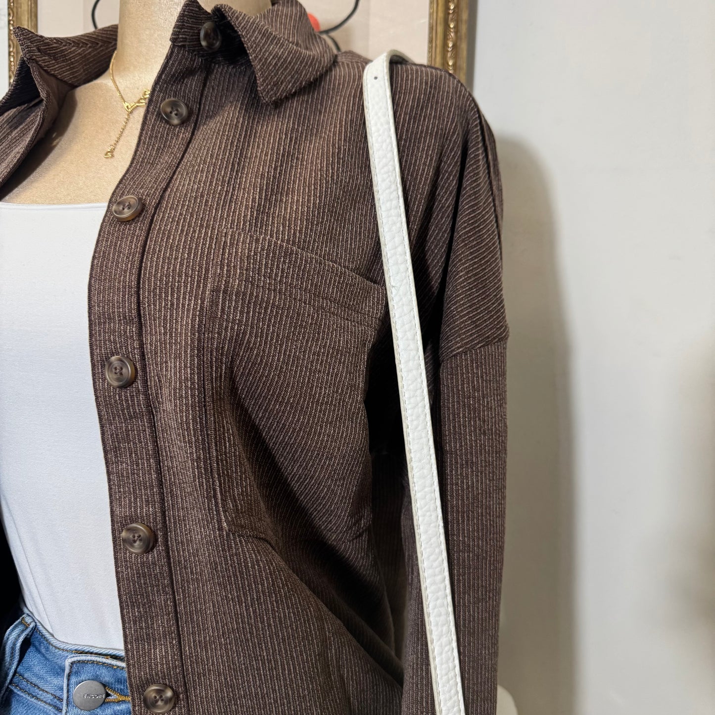 Oversized Pinstripe Collared Button Down Shacket-brown