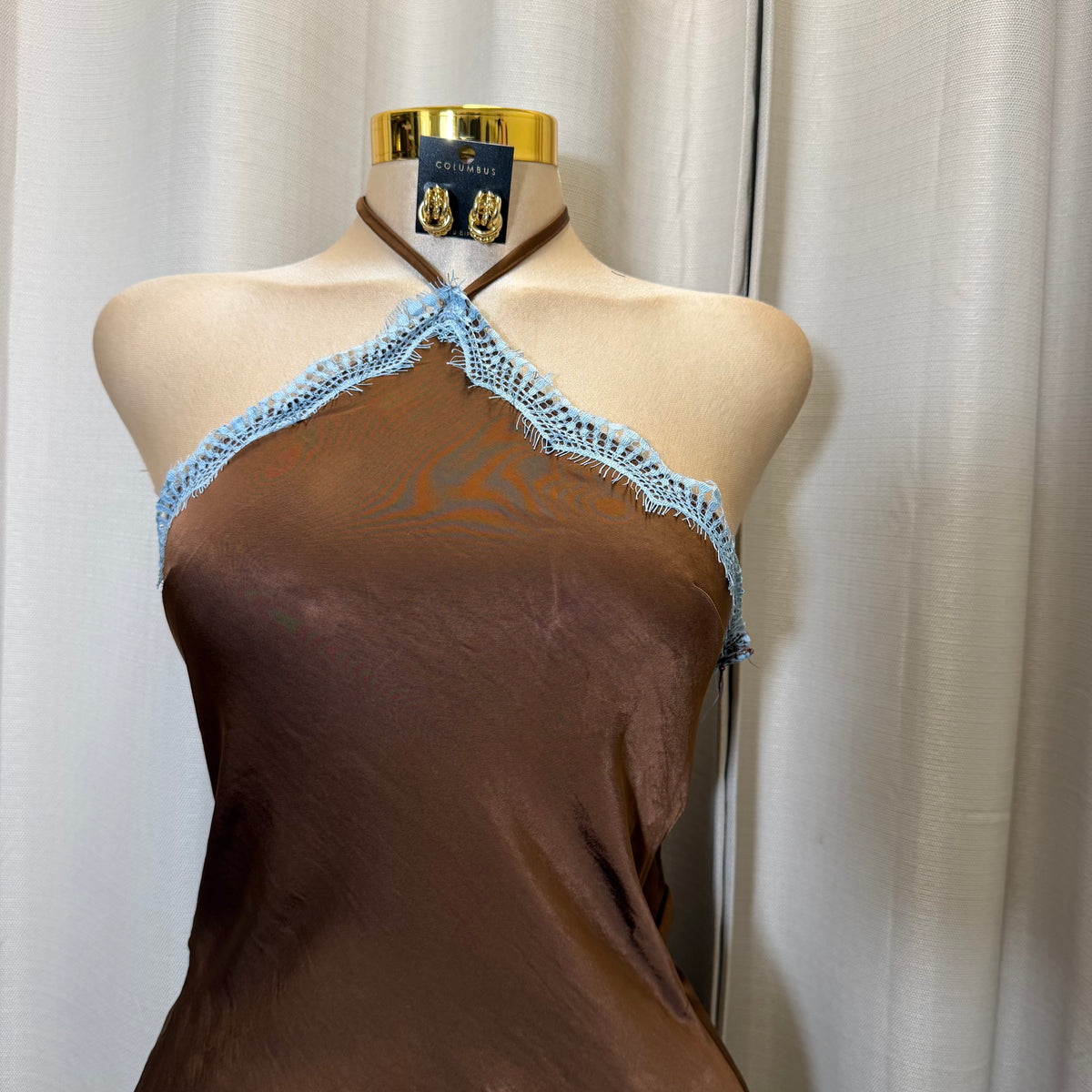 Contrast Lace Trim Satin Halter Jumpsuit-Brown/Blue
