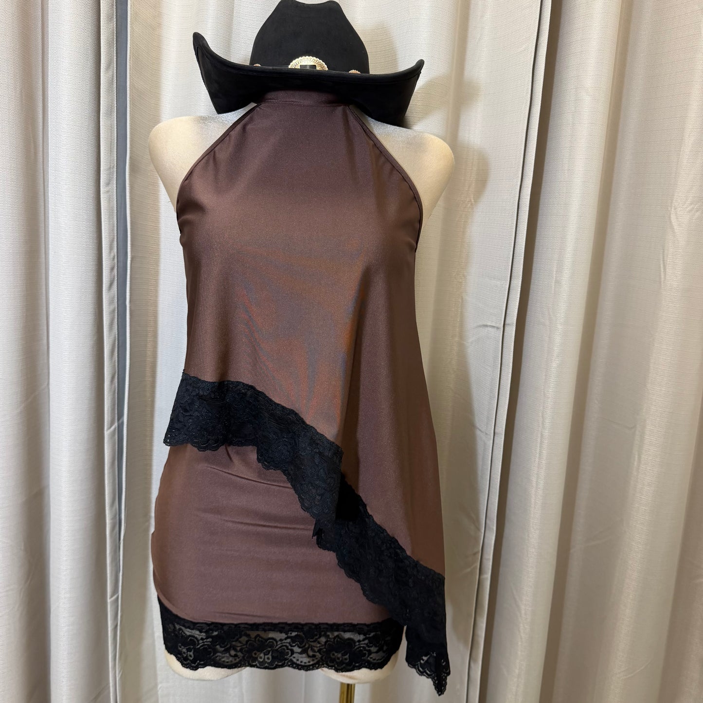 Asymmetrical Lace Skirt Set-Brown with black