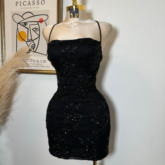 Floral Lace with Bead Cowl Neck Dress-Black