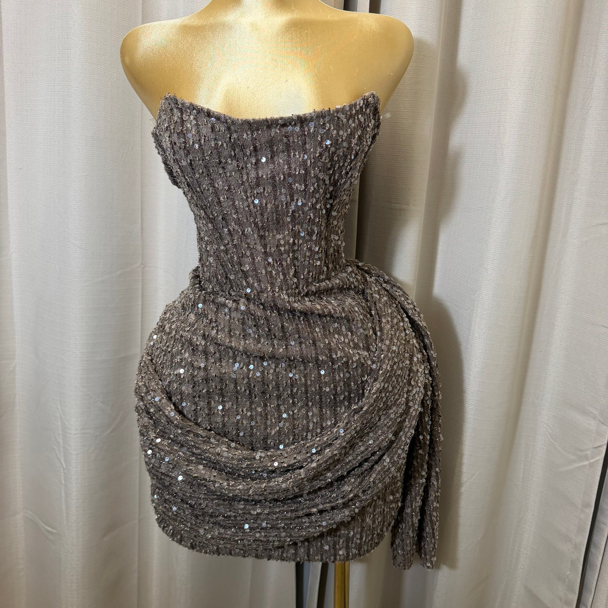 PL-Strapless Embellished Mini Dress-Brown