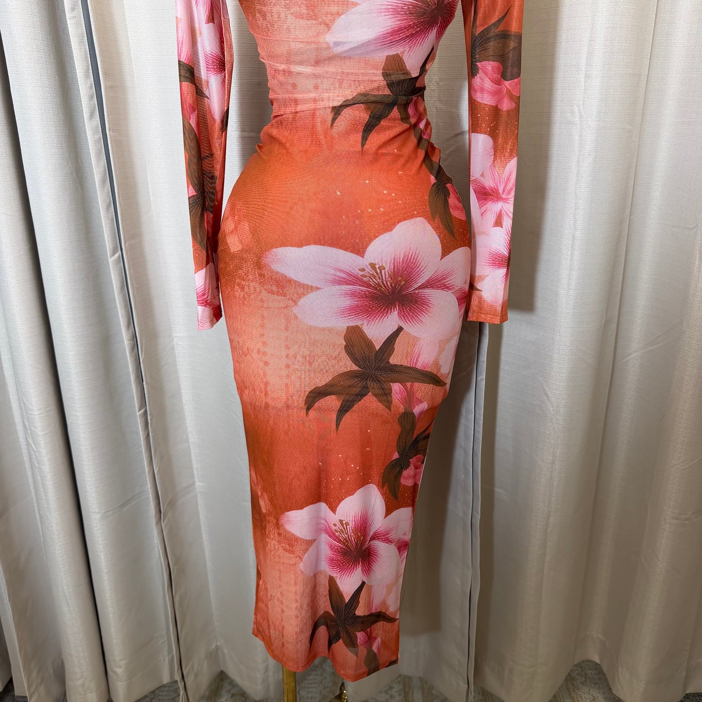 Rose Midi Mesh dress-Orange/ Pink combo