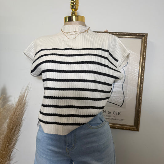 Stripe Mock Neck Short Sleeve Knit Sweater-Ivory