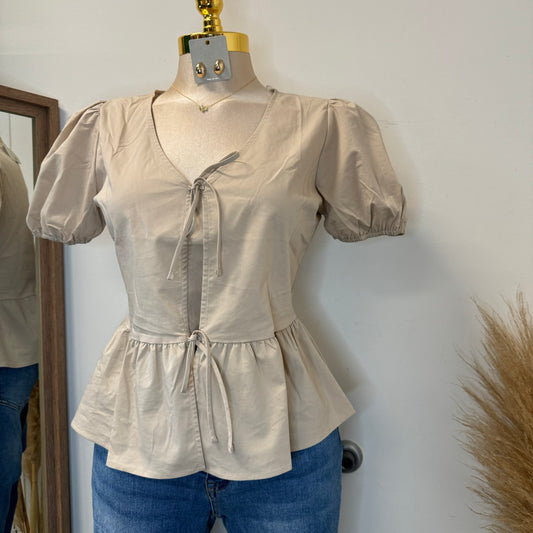 Bow Bubble Top-Taupe