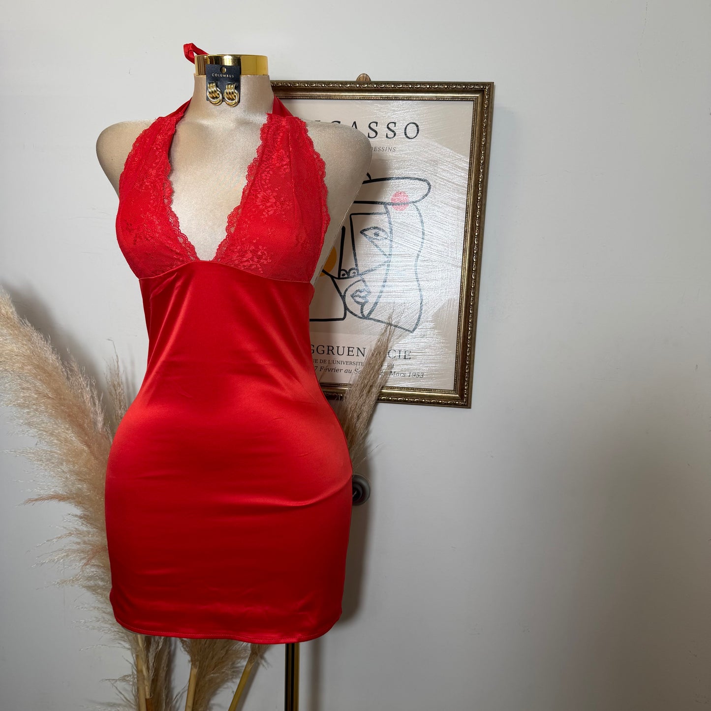 Halter Lace Satin Mini Dress-Red