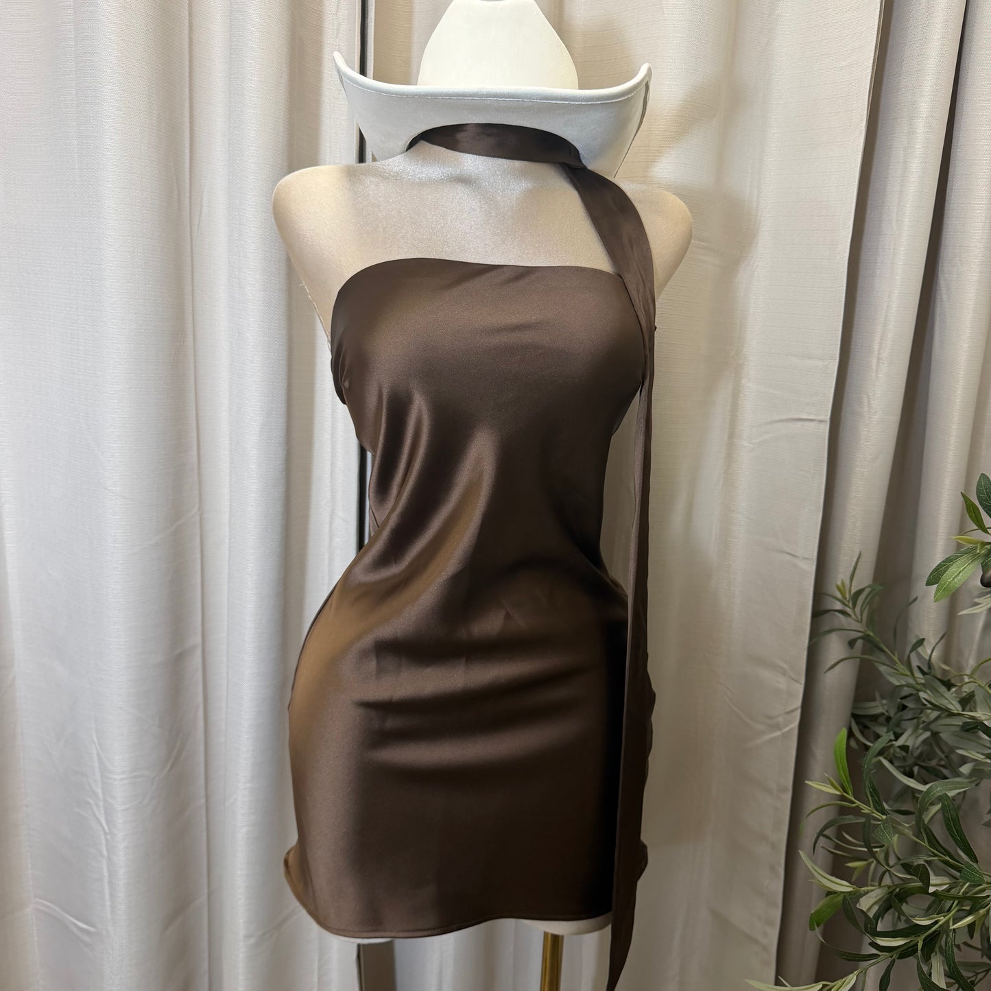 Satin strapless Mini Dress-Brown