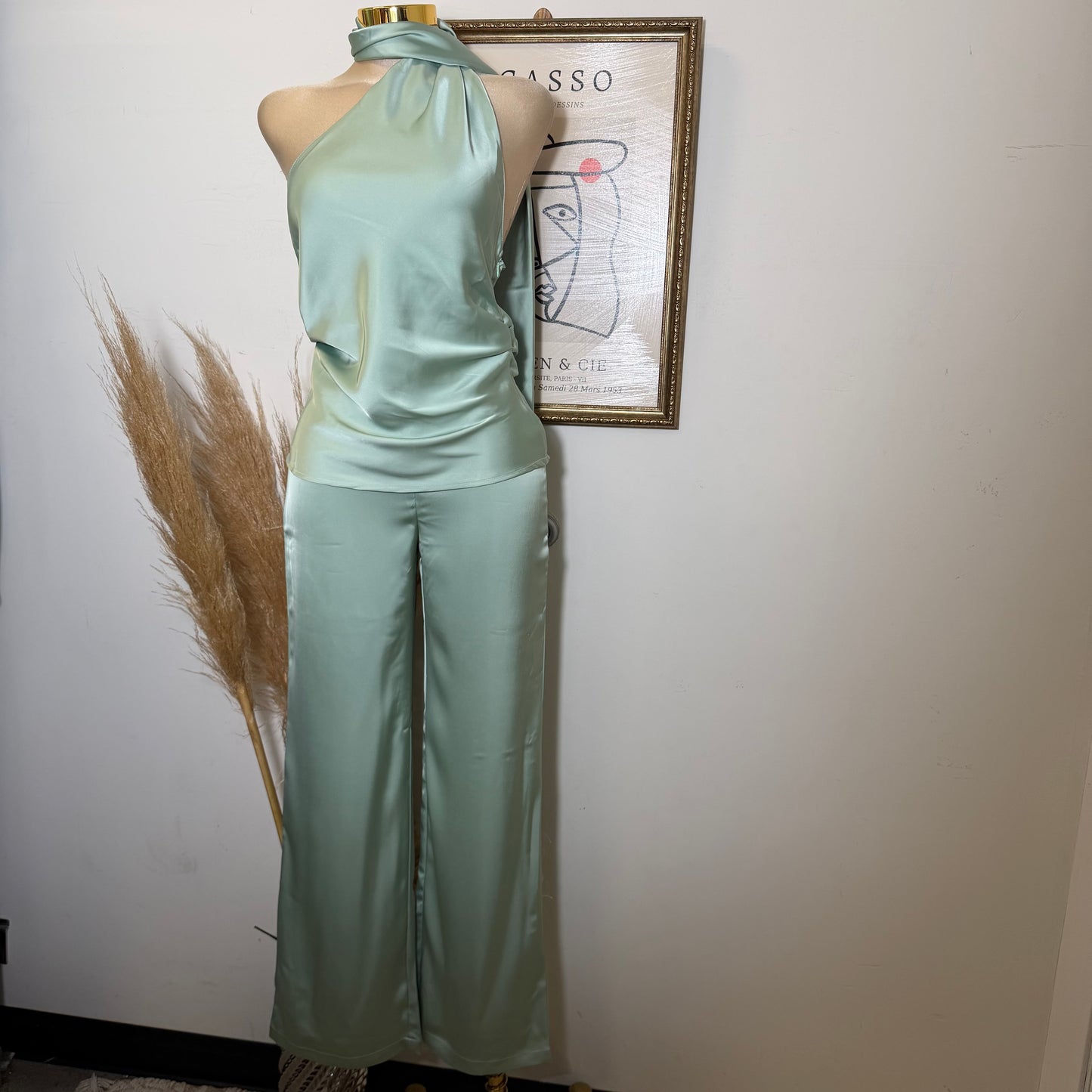 Satin Asymmetrical Scarf Halter Rcuhed Top Zipper Pants set