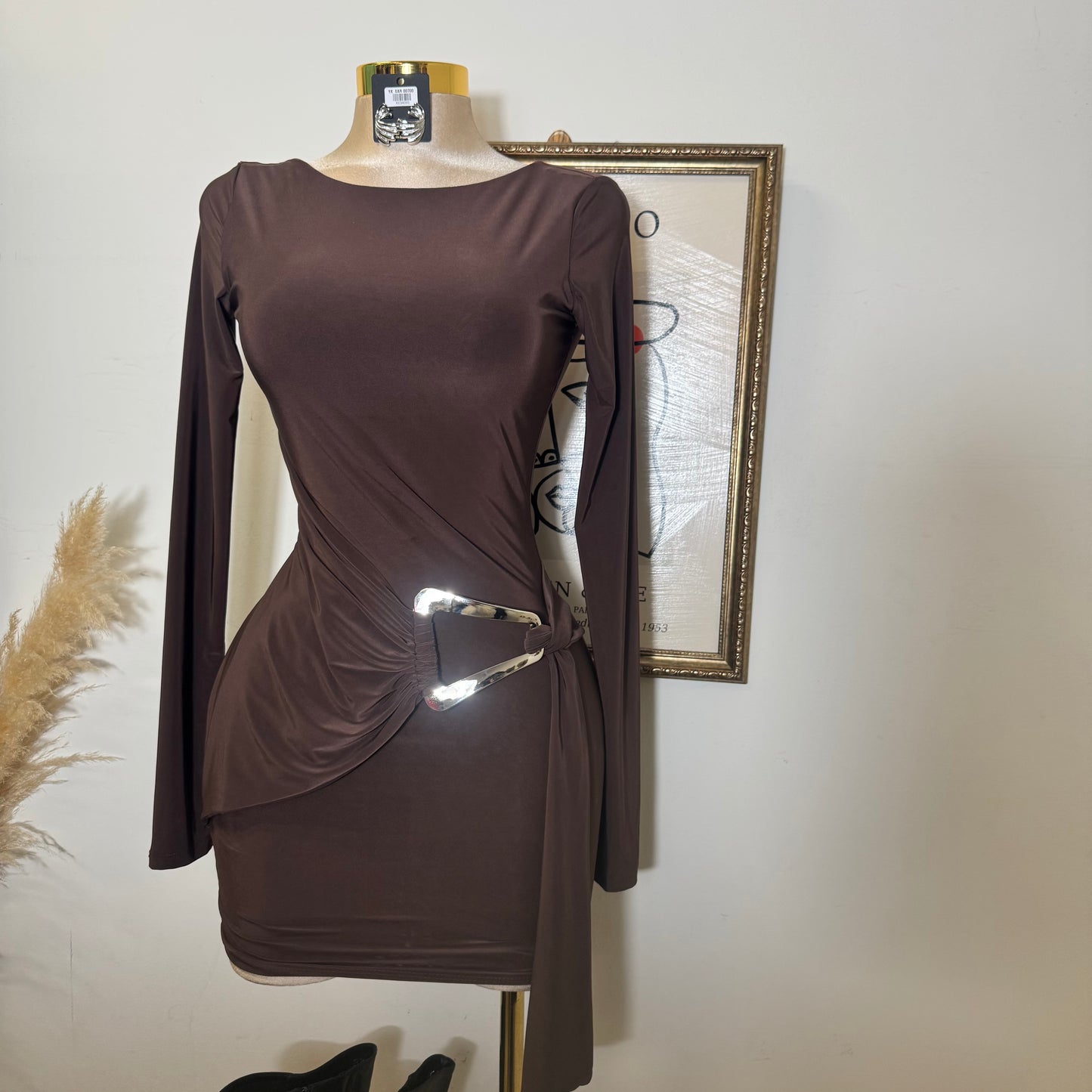 Long sleeve Drape Mini Dress-Brown