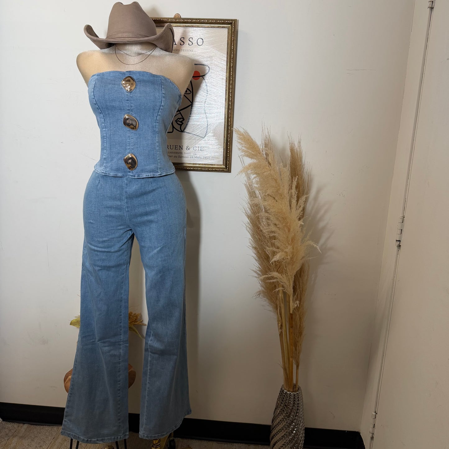 Strapless Denim Pant Set-Light Blue