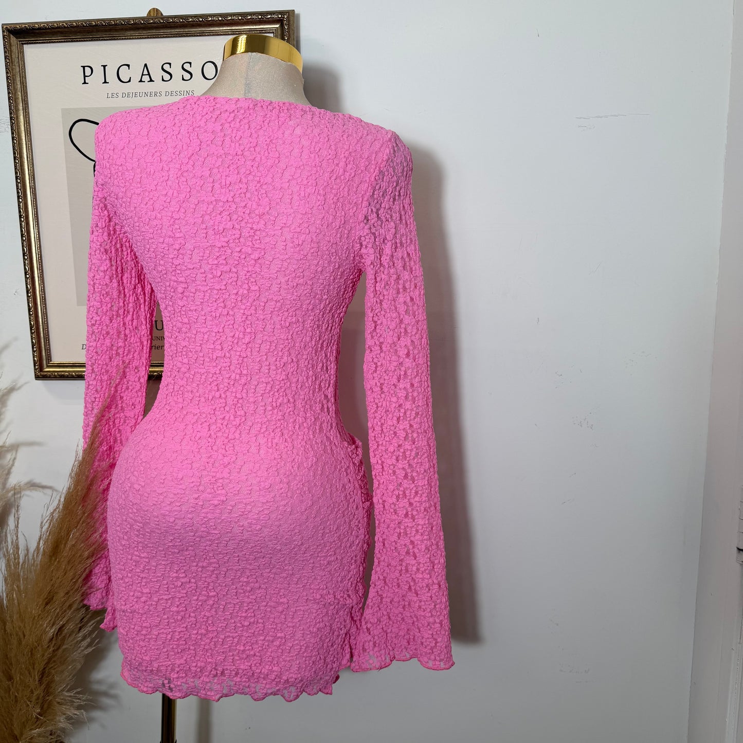 Long Sleeve Gold Detail Dress-Pink