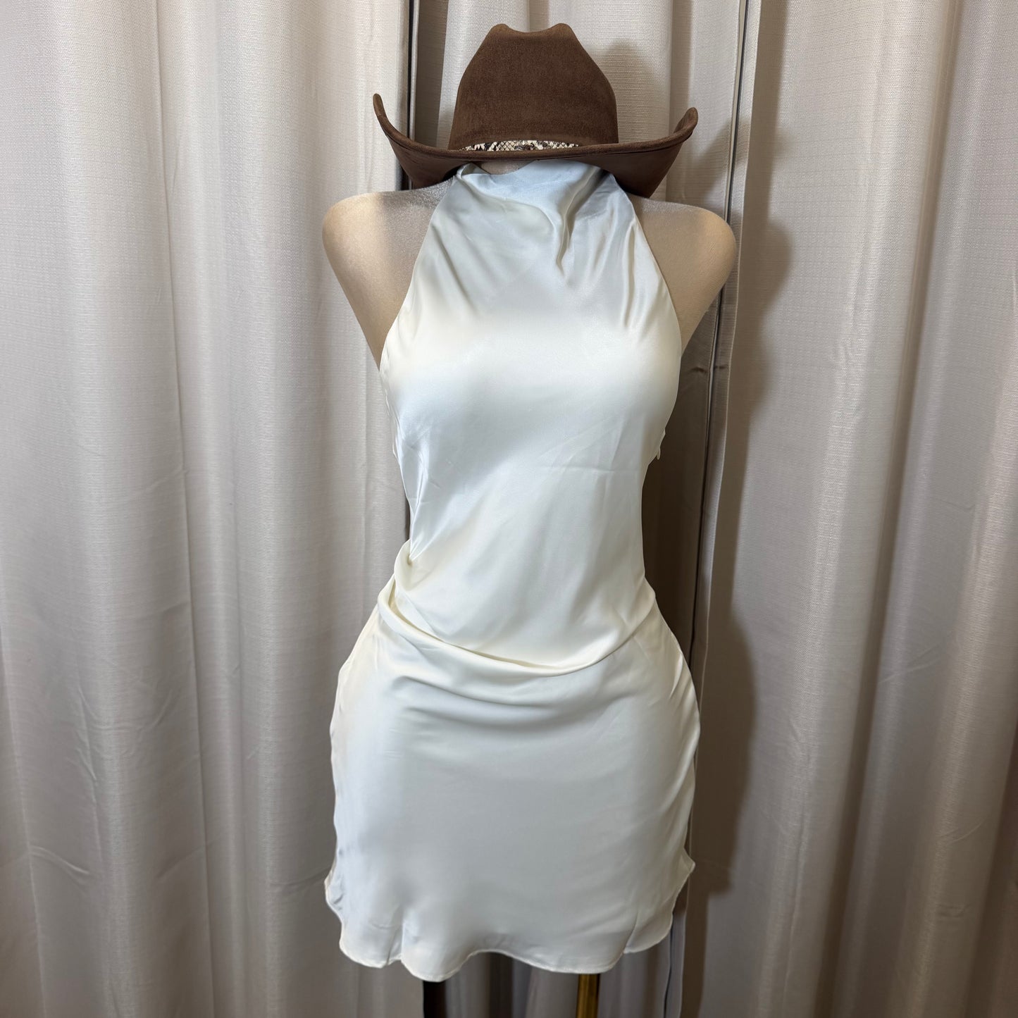 Satin Cowl Halter Neck Dress-Ivory/Cream/