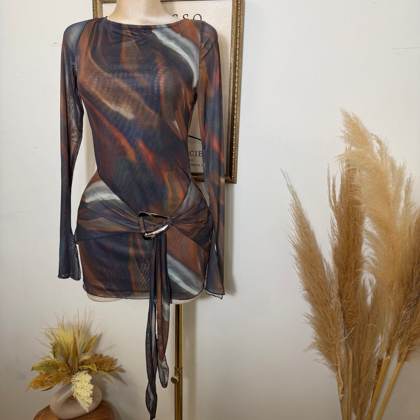 Wrap Long Sleeve Mesh Dress -Rust