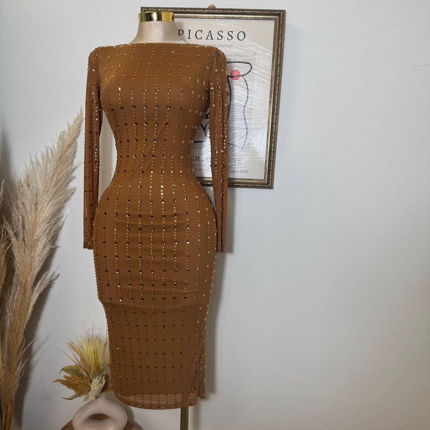 Square Rhinestone On Mesh Midi Dress-Mocha