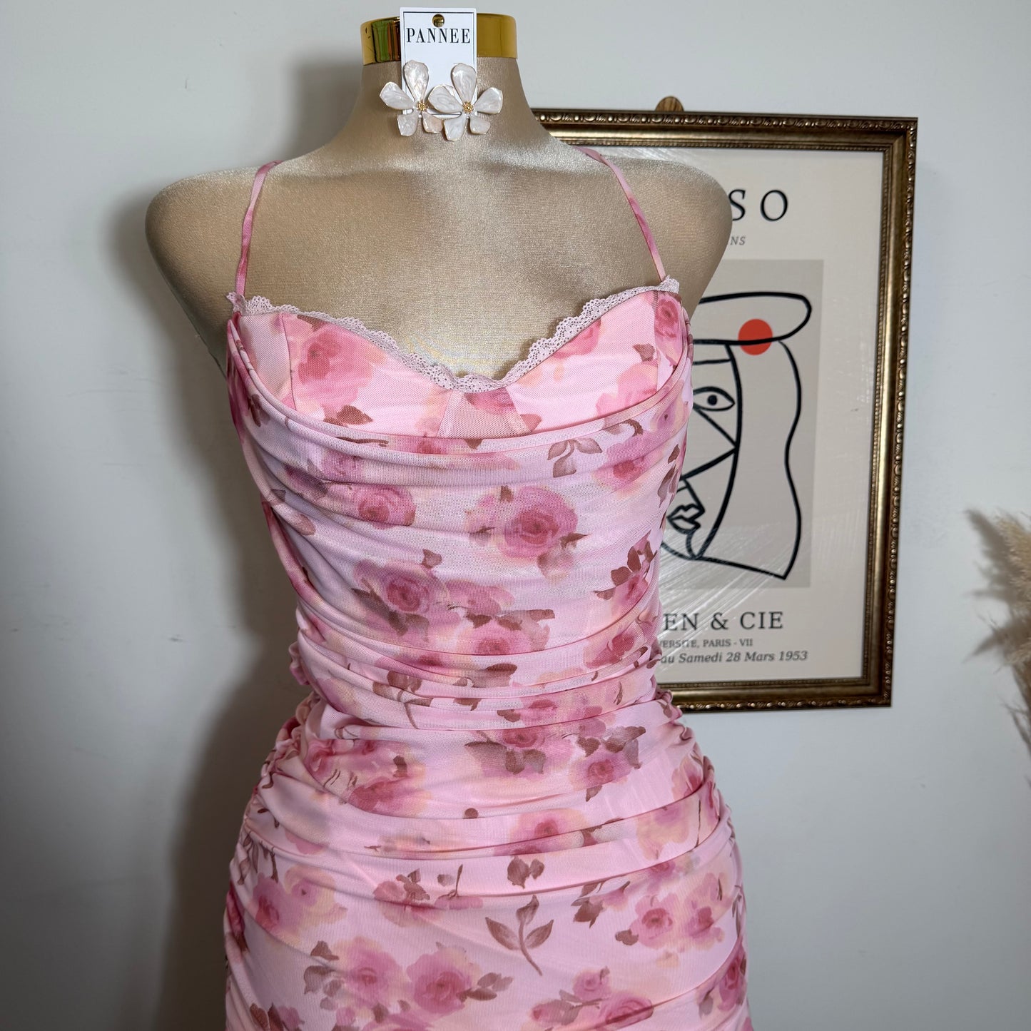 Floral open Back Mini Dress with Flowing Skirt-Pink