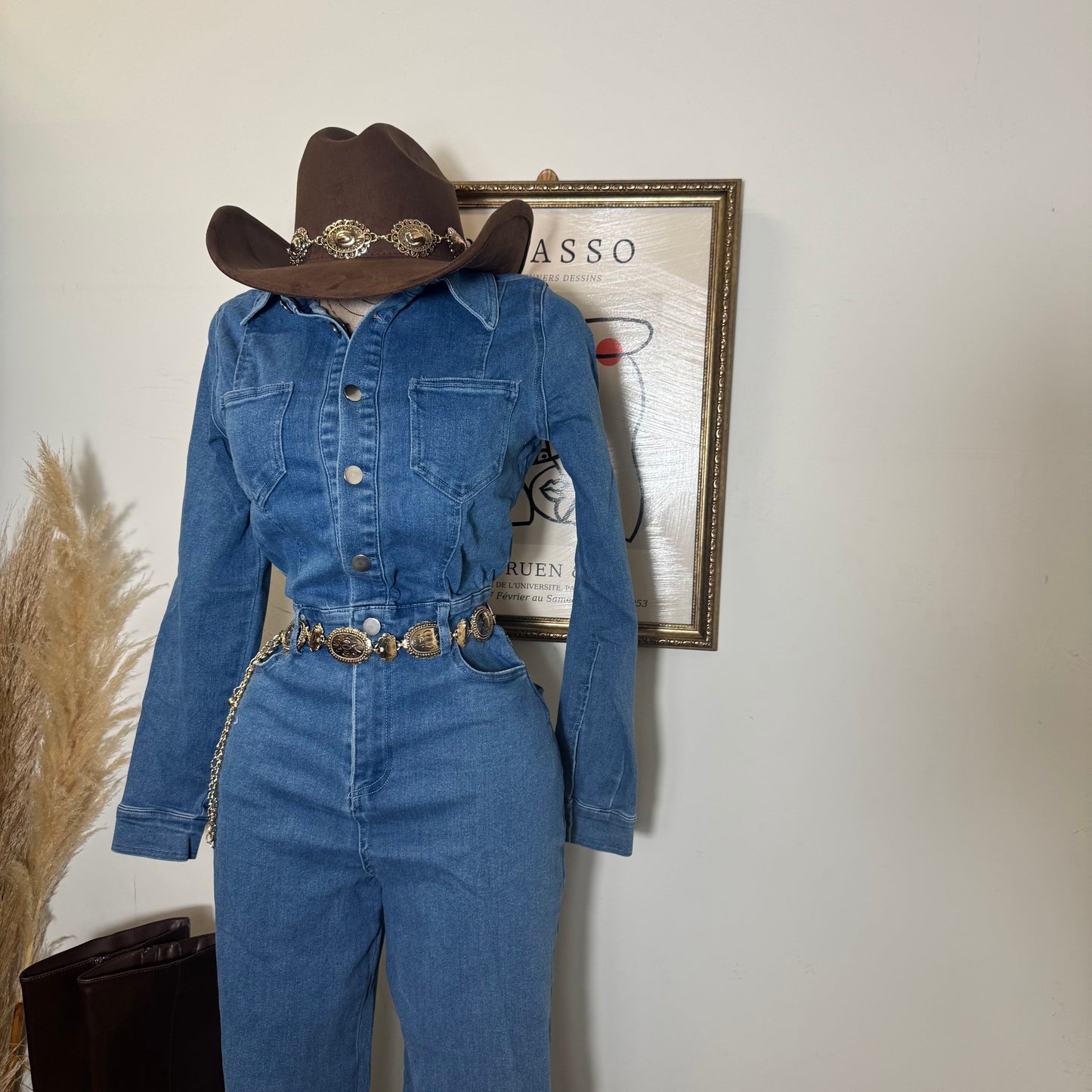 Denim Button Long Sleeve Jumpsuit -Medium Wash