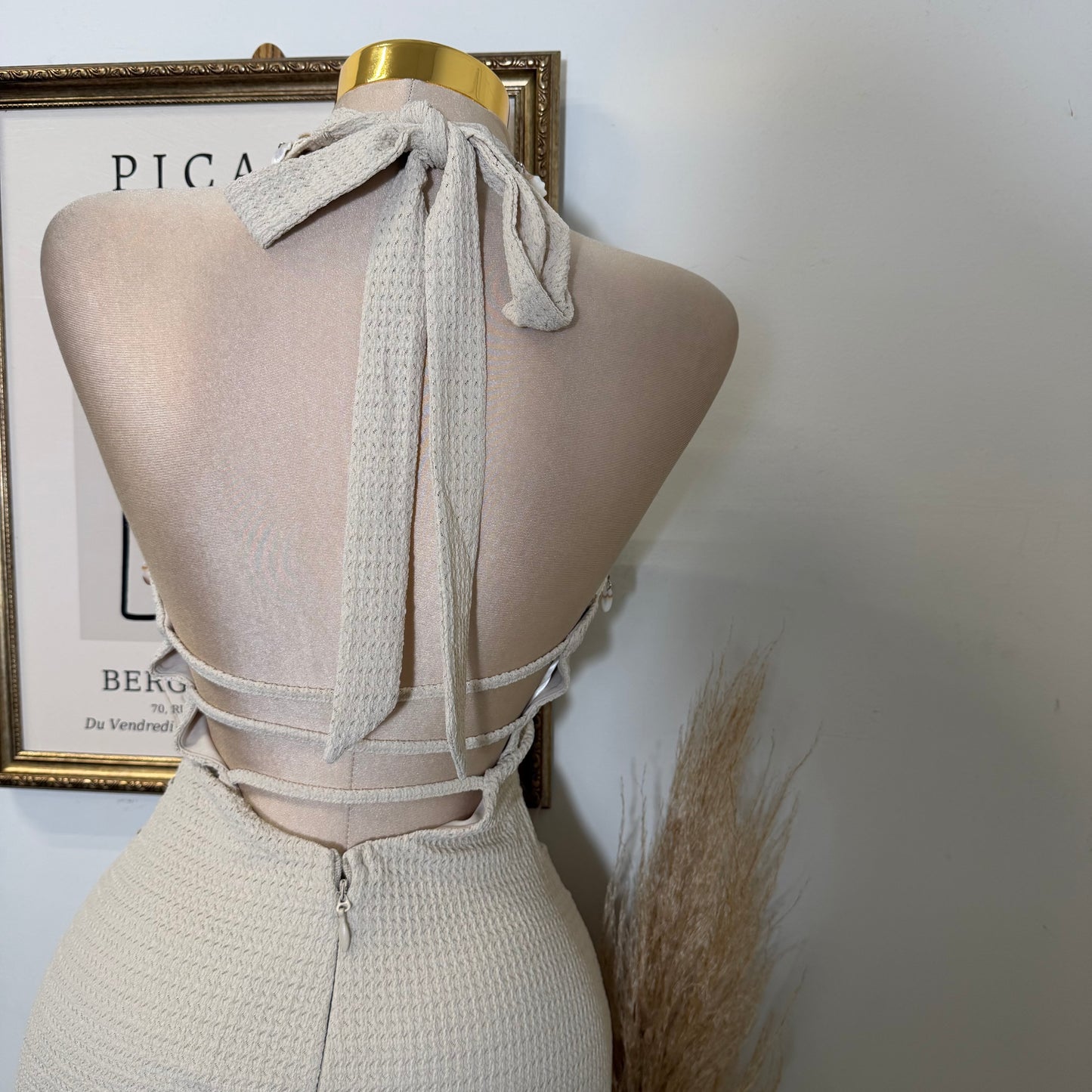 Shell Trim Detail Halter Neck Mini Dress-Natural