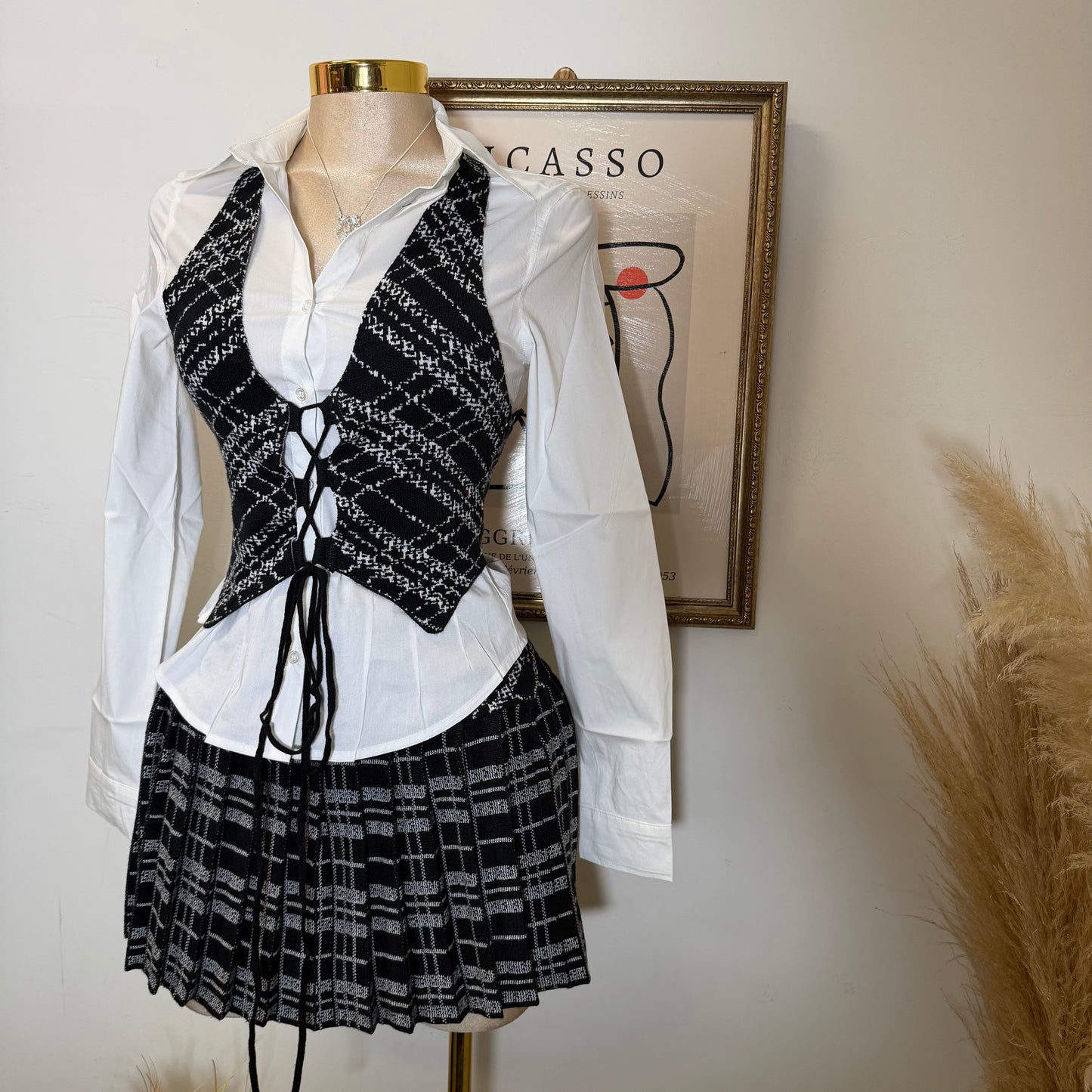 Halter Plaid Skirt Two Piece Set -Black